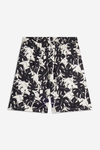 Women's shorts in viscose satin with a tropical pattern