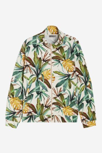 High-neck sweatshirt with zip in tropical patterned printed jersey