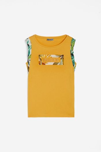 Women's T-shirt with viscose sleeves and tropical graphics