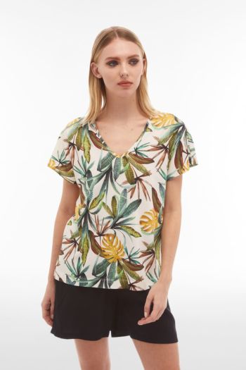 V-neck T-shirt in modal jersey with all-over tropical print