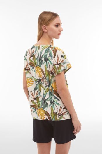 T-shirt scollo a V stampa tropical all over Bianco