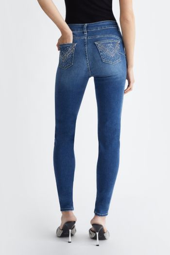 Jeans skinny bottom up con strass donna Denim
