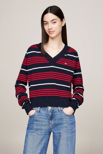 Pullover relaxed fit a V a righe donna Blu